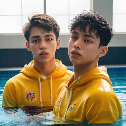 pool anorak red yellow students